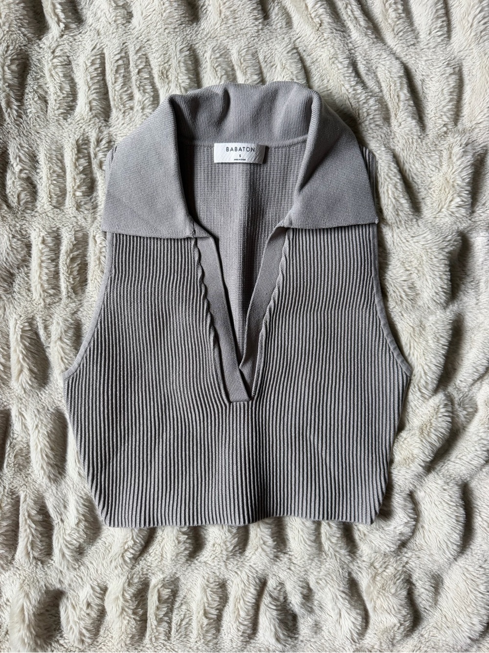 Babaton Taupe Ribbed V-Neck Collared Sweater Tank